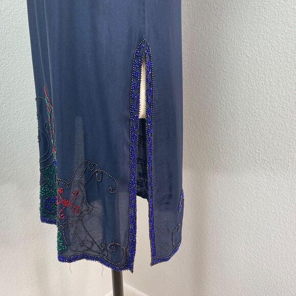 Antique 1920 Deco Beaded Dark Blue Silk Tunic Shift Dress Top Med Colorful Beads - Picture 11 of 16